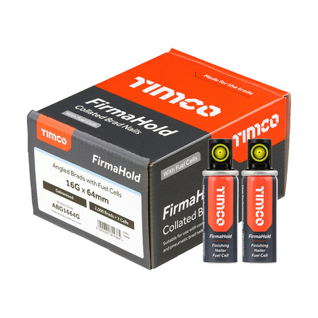 This is an image showing TIMCO FirmaHold Collated Brad Nails & Fuel Cells - 16 Gauge - Angled - Galvanised - 16g x 64/2BFC - 2000 Pieces Box available from T.H Wiggans Ironmongery in Kendal, quick delivery at discounted prices.