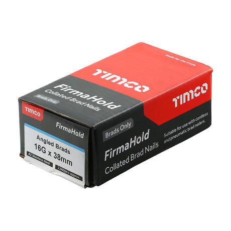 This is an image showing TIMCO FirmaHold Collated Brad Nails - 16 Gauge - Angled - A2 Stainless Steel - 16g x 38 - 2000 Pieces Box available from T.H Wiggans Ironmongery in Kendal, quick delivery at discounted prices.