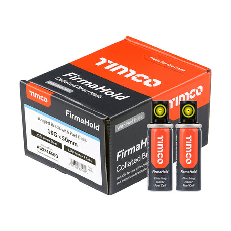 This is an image showing TIMCO FirmaHold Collated Brad Nails & Fuel Cells - 16 Gauge - Angled - A2 Stainless Steel - 16 x 50/2BFC - 2000 Pieces Box available from T.H Wiggans Ironmongery in Kendal, quick delivery at discounted prices.