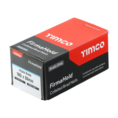 This is an image showing TIMCO FirmaHold Collated Brad Nails - 16 Gauge - Angled - A2 Stainless Steel - 16g x 50 - 2000 Pieces Box available from T.H Wiggans Ironmongery in Kendal, quick delivery at discounted prices.