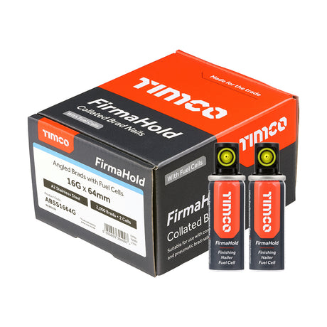 This is an image showing TIMCO FirmaHold Collated Brad Nails & Fuel Cells - 16 Gauge - Angled - A2 Stainless Steel - 16 x 64/2BFC - 2000 Pieces Box available from T.H Wiggans Ironmongery in Kendal, quick delivery at discounted prices.
