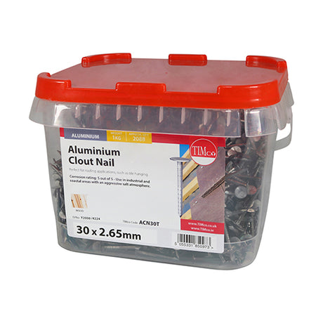 This is an image showing TIMCO Clout Nails - Aluminium - 30 x 2.65 - 1 Kilograms TIMtub available from T.H Wiggans Ironmongery in Kendal, quick delivery at discounted prices.