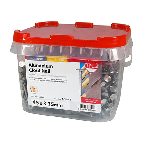 This is an image showing TIMCO Clout Nails - Aluminium - 45 x 3.35 - 1 Kilograms TIMtub available from T.H Wiggans Ironmongery in Kendal, quick delivery at discounted prices.