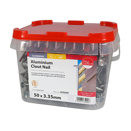 This is an image showing TIMCO Clout Nails - Aluminium - 50 x 3.35 - 1 Kilograms TIMtub available from T.H Wiggans Ironmongery in Kendal, quick delivery at discounted prices.