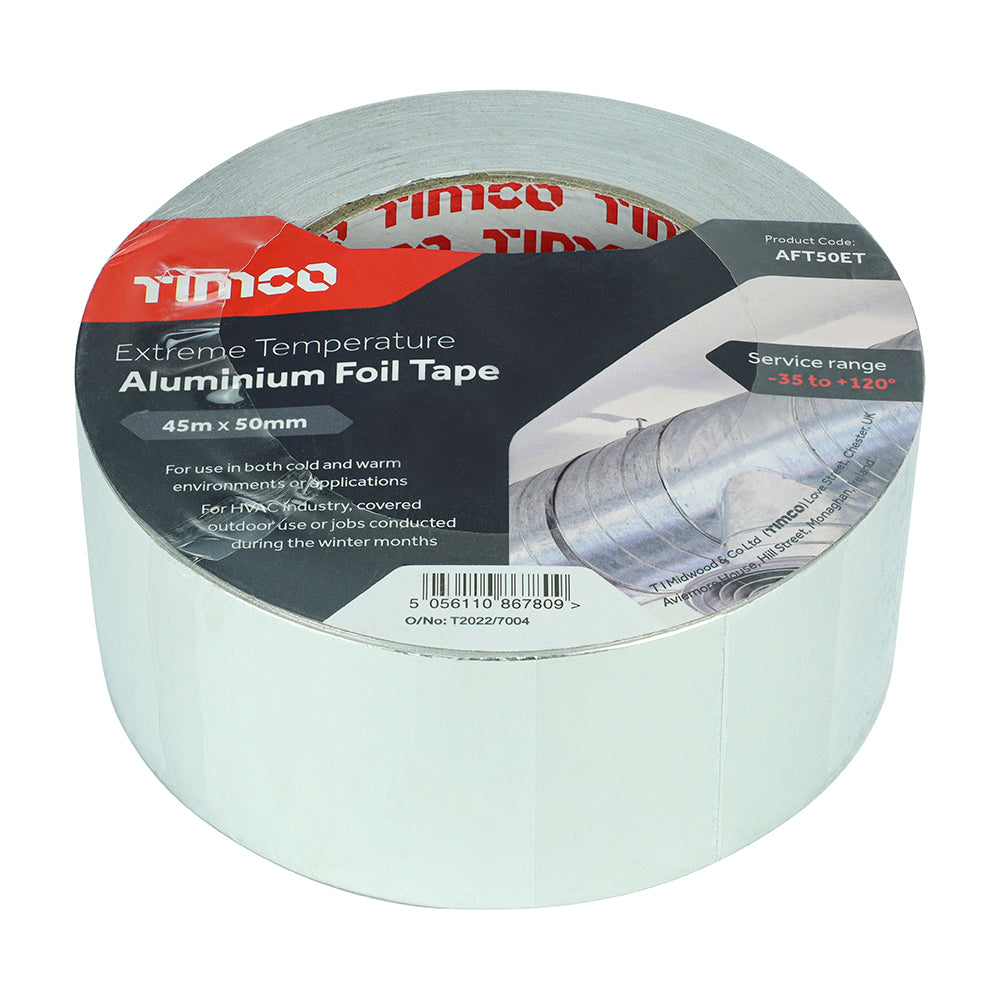 This is an image showing TIMCO Extreme Temperature Aluminium Foil Tape - 45m x 50mm - 1 Each Roll available from T.H Wiggans Ironmongery in Kendal, quick delivery at discounted prices.