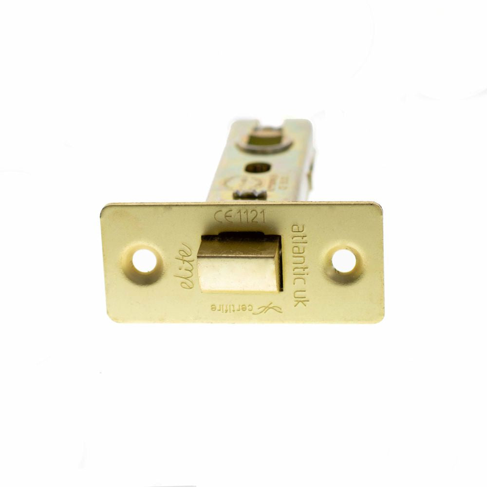 This is an image of Atlantic Fire-Rated CE Marked Bolt Through Tubular Latch 3" - Satin Brass available to order from T.H Wiggans Architectural Ironmongery in Kendal.