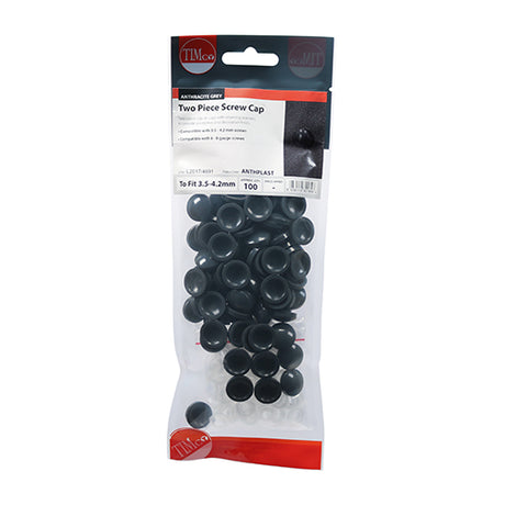 This is an image showing TIMCO Two Piece Screw Caps - Anthracite Grey - To Fit 3.5 to 4.2 Screw - 100 Pieces TIMpac available from T.H Wiggans Ironmongery in Kendal, quick delivery at discounted prices.