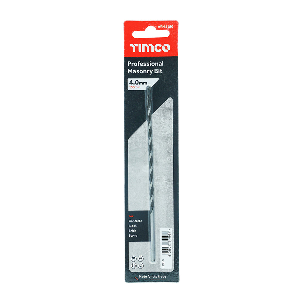 This is an image showing TIMCO Professional Masonry Bit - 4.0 x 150 - 1 Each Blister Pack available from T.H Wiggans Ironmongery in Kendal, quick delivery at discounted prices.