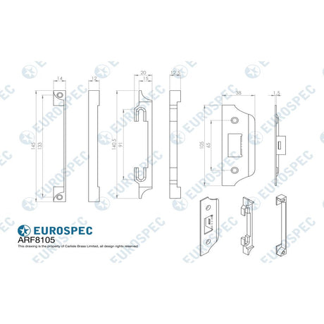 This image is a line drwaing of a Eurospec - Rebate Set Flat Latch 13Mm For Fll 8000 Srs available to order from T.H Wiggans Architectural Ironmongery in Kendal