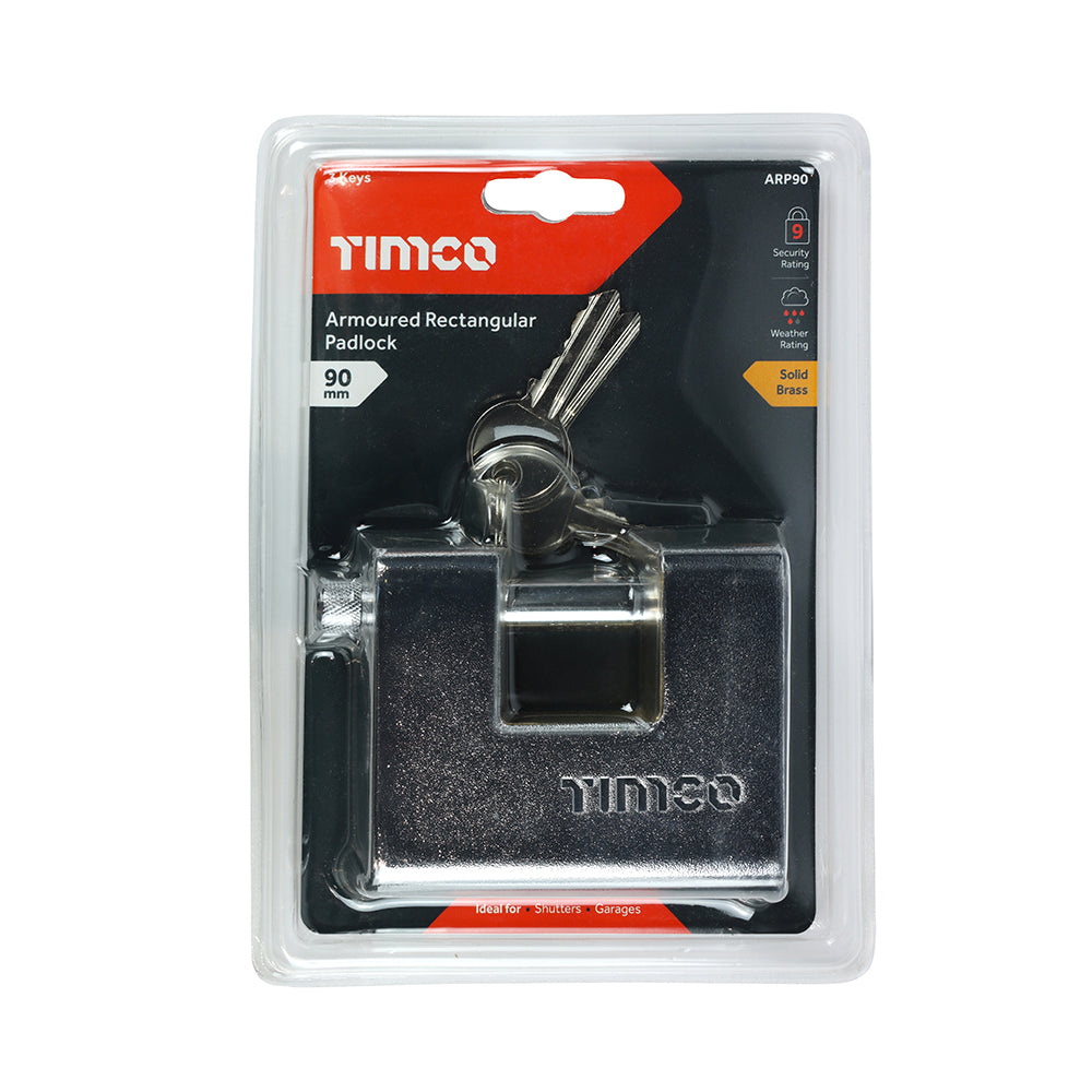 This is an image showing TIMCO Armoured Rectangular Padlock - 90mm - 1 Each Blister Pack available from T.H Wiggans Ironmongery in Kendal, quick delivery at discounted prices.