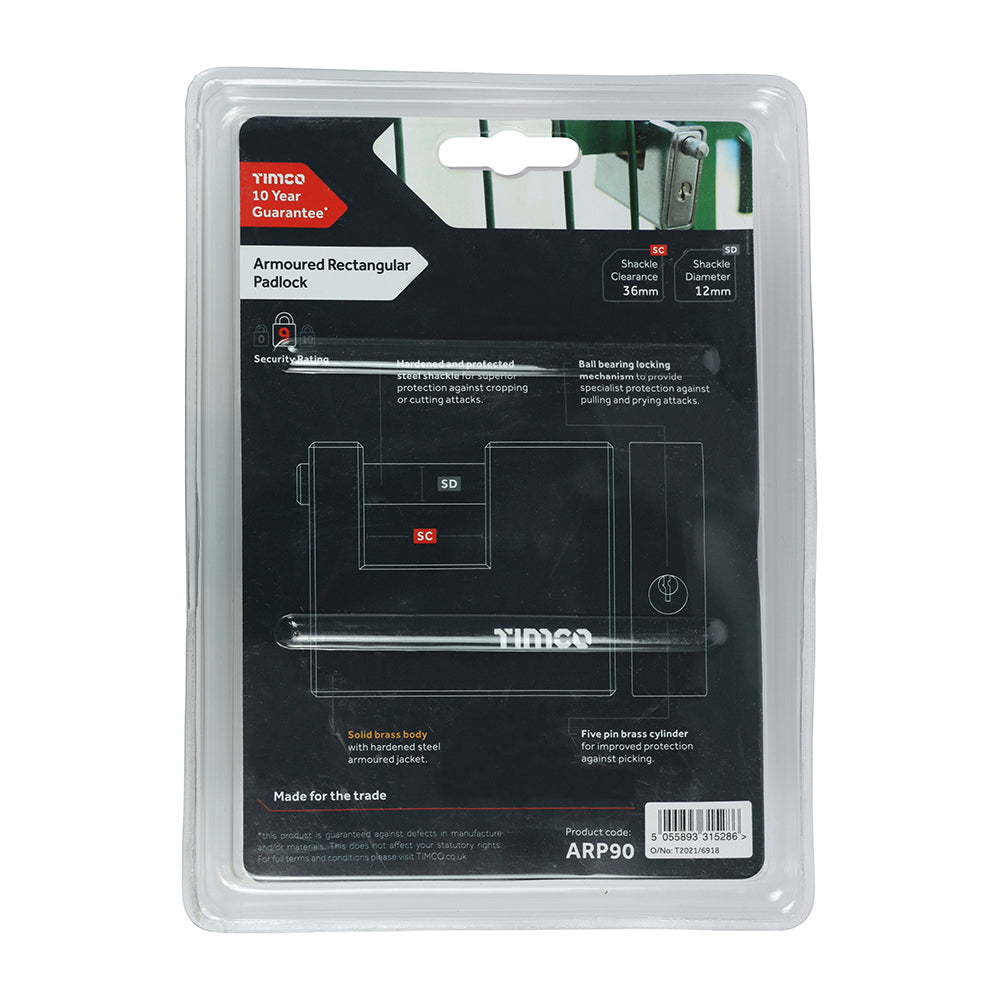 This is an image showing TIMCO Armoured Rectangular Padlock - 90mm - 1 Each Blister Pack available from T.H Wiggans Ironmongery in Kendal, quick delivery at discounted prices.