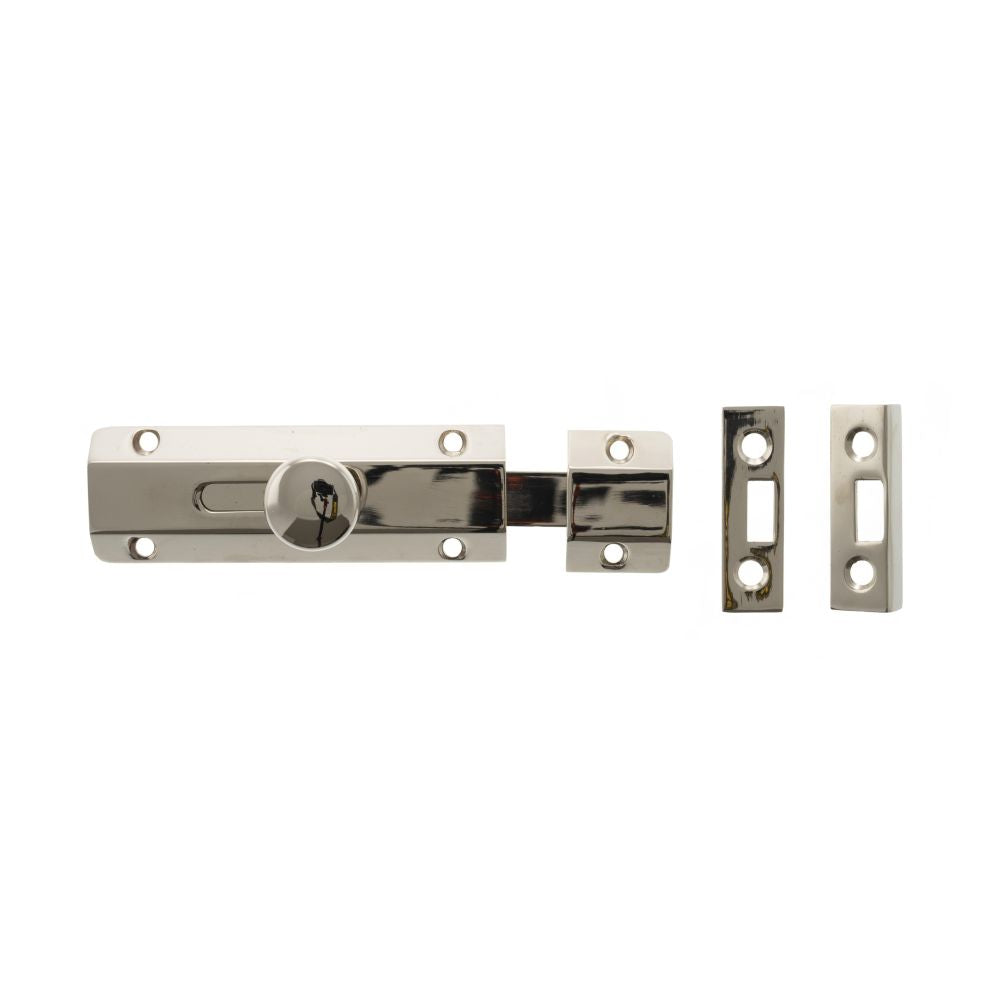 This is an image of Atlantic Solid Brass Surface Door Bolt 4" - Pol. Nickel available to order from Trade Door Handles.
