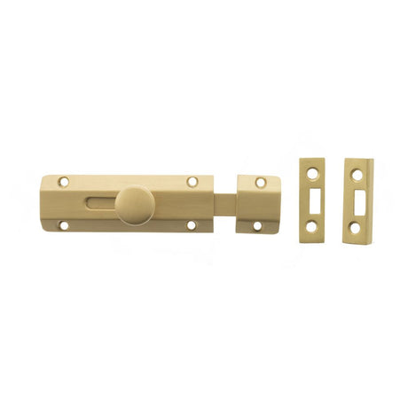 This is an image of Atlantic Solid Brass Surface Door Bolt 4" - Sat. Brass available to order from T.H Wiggans Architectural Ironmongery in Kendal.