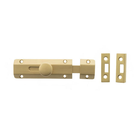 This is an image of Atlantic Solid Brass Surface Door Bolt 4" - Sat. Brass available to order from Trade Door Handles.