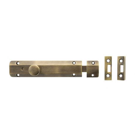 This is an image of Atlantic Solid Brass Surface Door Bolt 6" - Ant. Brass available to order from T.H Wiggans Architectural Ironmongery in Kendal.
