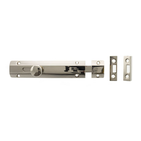 This is an image of Atlantic Solid Brass Surface Door Bolt 6" - Pol. Nickel available to order from T.H Wiggans Architectural Ironmongery in Kendal.