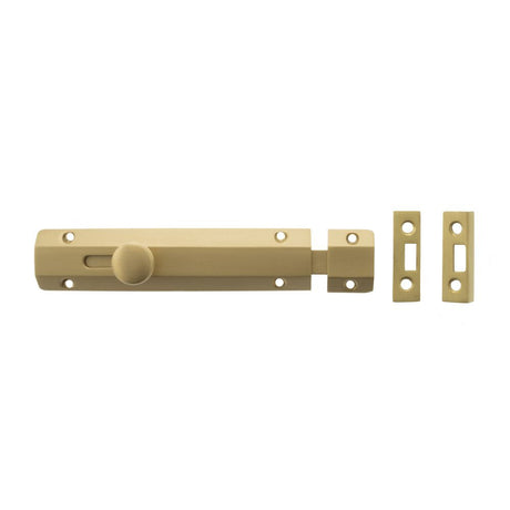 This is an image of Atlantic Solid Brass Surface Door Bolt 6" - Sat. Brass available to order from T.H Wiggans Architectural Ironmongery in Kendal.