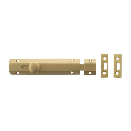 This is an image of Atlantic Solid Brass Surface Door Bolt 6" - Sat. Brass available to order from Trade Door Handles.