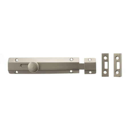 This is an image of Atlantic Solid Brass Surface Door Bolt 6" - Sat. Nickel available to order from T.H Wiggans Architectural Ironmongery in Kendal.