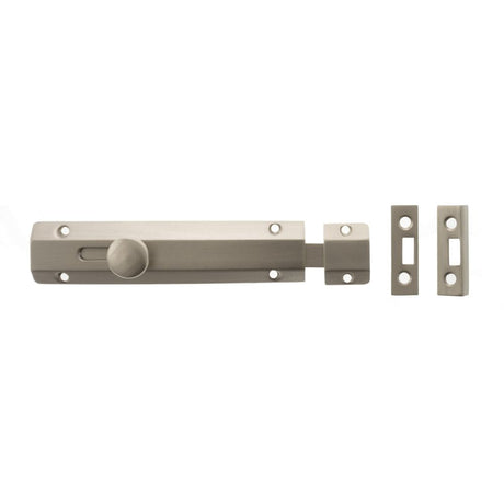 This is an image of Atlantic Solid Brass Surface Door Bolt 6" - Sat. Nickel available to order from Trade Door Handles.