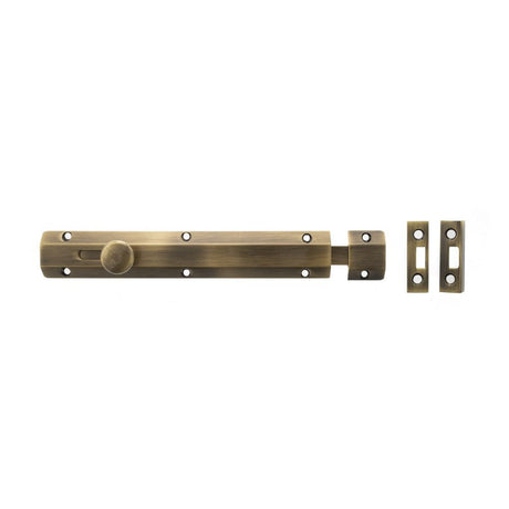 This is an image of Atlantic Solid Brass Surface Door Bolt 8" - Ant. Brass available to order from T.H Wiggans Architectural Ironmongery in Kendal.