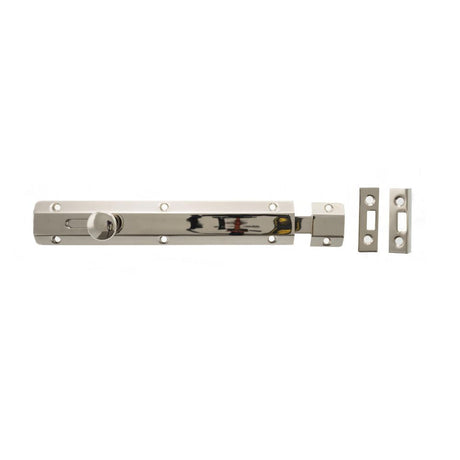This is an image of Atlantic Solid Brass Surface Door Bolt 8" - Pol. Nickel available to order from Trade Door Handles.