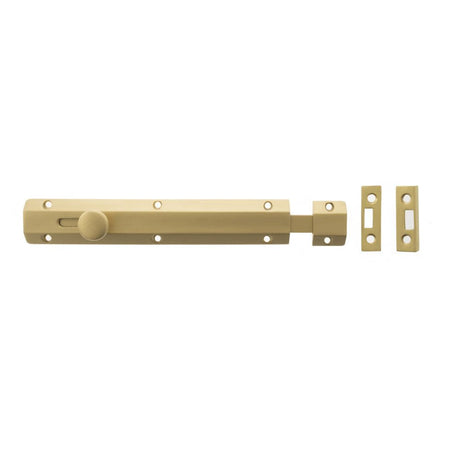 This is an image of Atlantic Solid Brass Surface Door Bolt 8" - Sat. Brass available to order from Trade Door Handles.