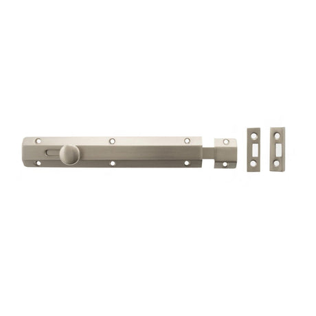 This is an image of Atlantic Solid Brass Surface Door Bolt 8" - Sat. Nickel available to order from Trade Door Handles.