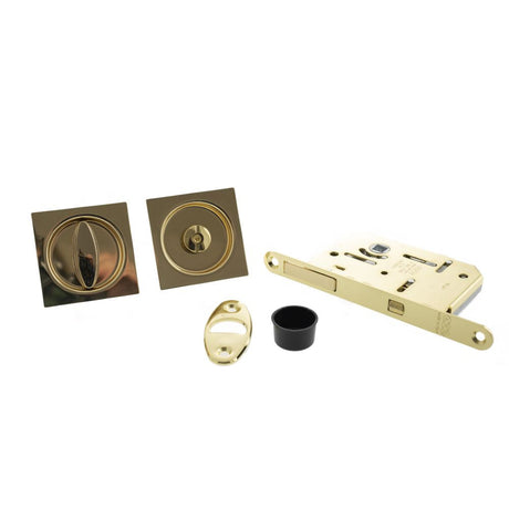 This is an image of AGB Sliding Door Bathroom Lock Set with Square Flush Handle - Polished Brass available to order from T.H Wiggans Architectural Ironmongery in Kendal.