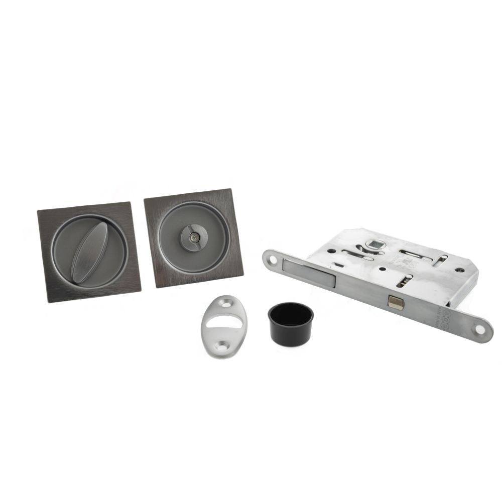 This is an image of AGB Sliding Door Bathroom Lock Set with Square Flush Handle - Satin Chrome available to order from T.H Wiggans Architectural Ironmongery in Kendal.
