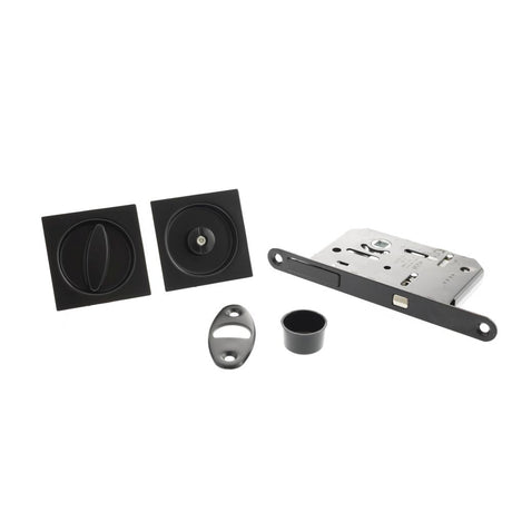 This is an image of AGB Sliding Door Bathroom Lock Set with Square Flush Handle - Matt Black available to order from T.H Wiggans Architectural Ironmongery in Kendal.