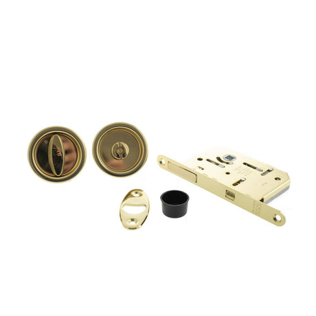 This is an image of AGB Sliding Door Bathroom Lock Set with Round Flush Handle - Polished Brass available to order from T.H Wiggans Architectural Ironmongery in Kendal.