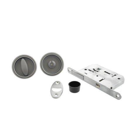 This is an image of AGB Sliding Door Bathroom Lock Set with Round Flush Handle - Satin Chrome available to order from T.H Wiggans Architectural Ironmongery in Kendal.