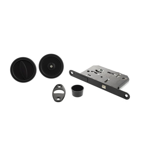 This is an image of AGB Sliding Door Bathroom Lock Set with Round Flush Handle - Matt Black available to order from T.H Wiggans Architectural Ironmongery in Kendal.