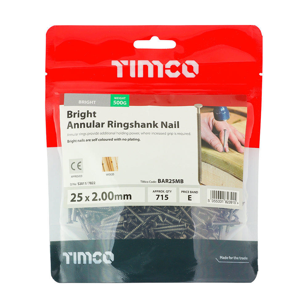 This is an image showing TIMCO Annular Ringshank Nails - Bright - 25 x 2.00 - 0.5 Kilograms TIMbag available from T.H Wiggans Ironmongery in Kendal, quick delivery at discounted prices.
