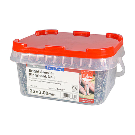 This is an image showing TIMCO Annular Ringshank Nails - Bright - 25 x 2.00 - 2.5 Kilograms TIMtub available from T.H Wiggans Ironmongery in Kendal, quick delivery at discounted prices.