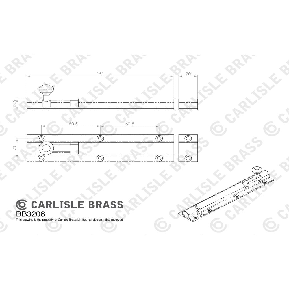 This image is a line drwaing of a Carlisle Brass - Barrel Bolt 151mm - Satin Chrome available to order from Trade Door Handles in Kendal
