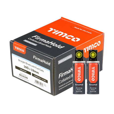 This is an image showing TIMCO FirmaHold Collated Brad Nails & Fuel Cells - 16 Gauge - Straight - Galvanised - 16g x 19/2BFC - 2000 Pieces Box available from T.H Wiggans Ironmongery in Kendal, quick delivery at discounted prices.