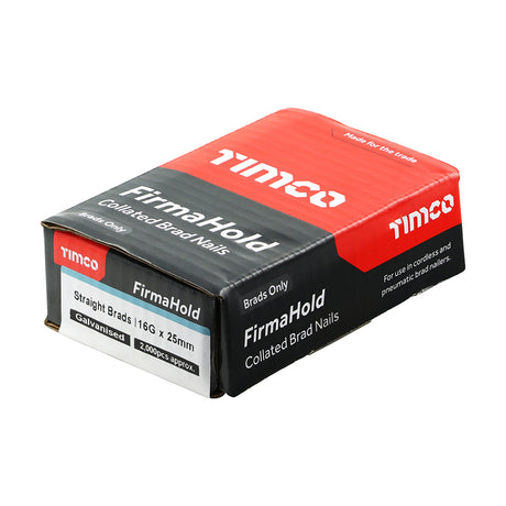 This is an image showing TIMCO FirmaHold Collated Brad Nails - 16 Gauge - Straight - Galvanised - 16g x 25 - 2000 Pieces Box available from T.H Wiggans Ironmongery in Kendal, quick delivery at discounted prices.