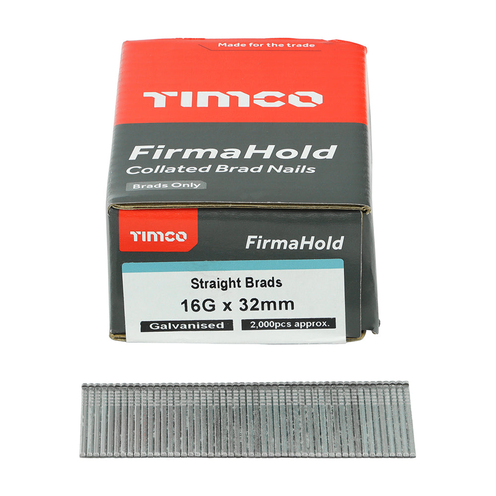 This is an image showing TIMCO FirmaHold Collated Brad Nails - 16 Gauge - Straight - Galvanised - 16g x 32 - 2000 Pieces Box available from T.H Wiggans Ironmongery in Kendal, quick delivery at discounted prices.