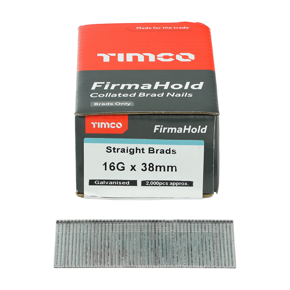 This is an image showing TIMCO FirmaHold Collated Brad Nails - 16 Gauge - Straight - Galvanised - 16g x 38 - 2000 Pieces Box available from T.H Wiggans Ironmongery in Kendal, quick delivery at discounted prices.