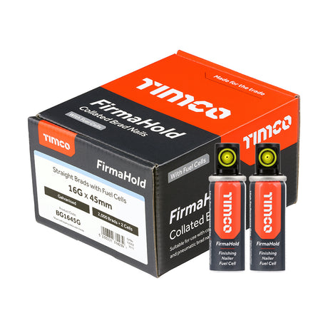 This is an image showing TIMCO FirmaHold Collated Brad Nails & Fuel Cells - 16 Gauge - Straight - Galvanised - 16g x 45/2BFC - 2000 Pieces Box available from T.H Wiggans Ironmongery in Kendal, quick delivery at discounted prices.