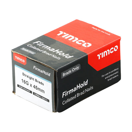 This is an image showing TIMCO FirmaHold Collated Brad Nails - 16 Gauge - Straight - Galvanised - 16g x 45 - 2000 Pieces Box available from T.H Wiggans Ironmongery in Kendal, quick delivery at discounted prices.