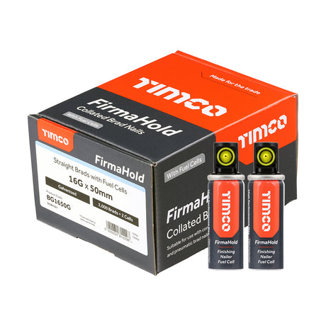 This is an image showing TIMCO FirmaHold Collated Brad Nails & Fuel Cells - 16 Gauge - Straight - Galvanised - 16g x 50/2BFC - 2000 Pieces Box available from T.H Wiggans Ironmongery in Kendal, quick delivery at discounted prices.