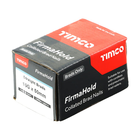 This is an image showing TIMCO FirmaHold Collated Brad Nails - 16 Gauge - Straight - Galvanised - 16g x 50 - 2000 Pieces Box available from T.H Wiggans Ironmongery in Kendal, quick delivery at discounted prices.