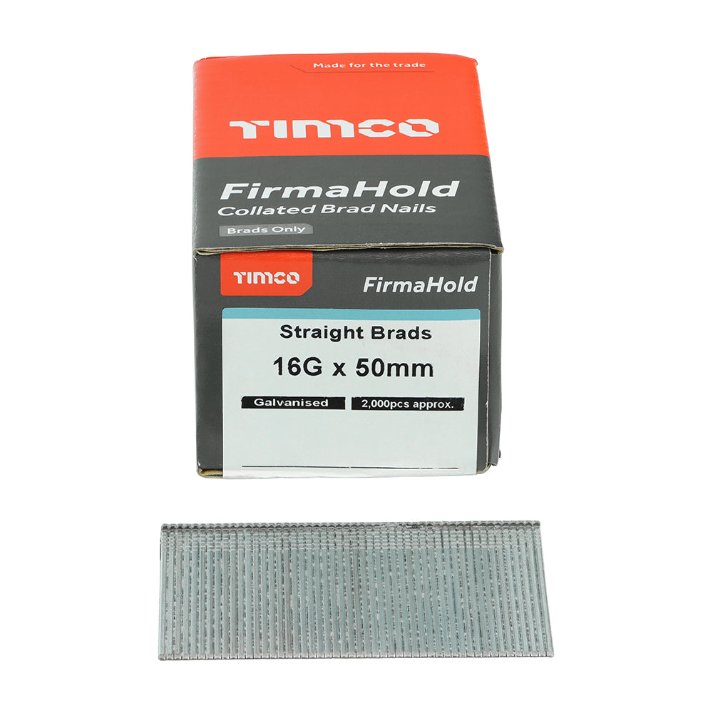 This is an image showing TIMCO FirmaHold Collated Brad Nails - 16 Gauge - Straight - Galvanised - 16g x 50 - 2000 Pieces Box available from T.H Wiggans Ironmongery in Kendal, quick delivery at discounted prices.