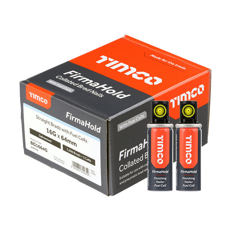 This is an image showing TIMCO FirmaHold Collated Brad Nails & Fuel Cells - 16 Gauge - Straight - Galvanised - 16g x 64/2BFC - 2000 Pieces Box available from T.H Wiggans Ironmongery in Kendal, quick delivery at discounted prices.