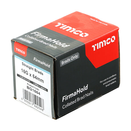 This is an image showing TIMCO FirmaHold Collated Brad Nails - 16 Gauge - Straight - Galvanised - 16g x 64 - 2000 Pieces Box available from T.H Wiggans Ironmongery in Kendal, quick delivery at discounted prices.