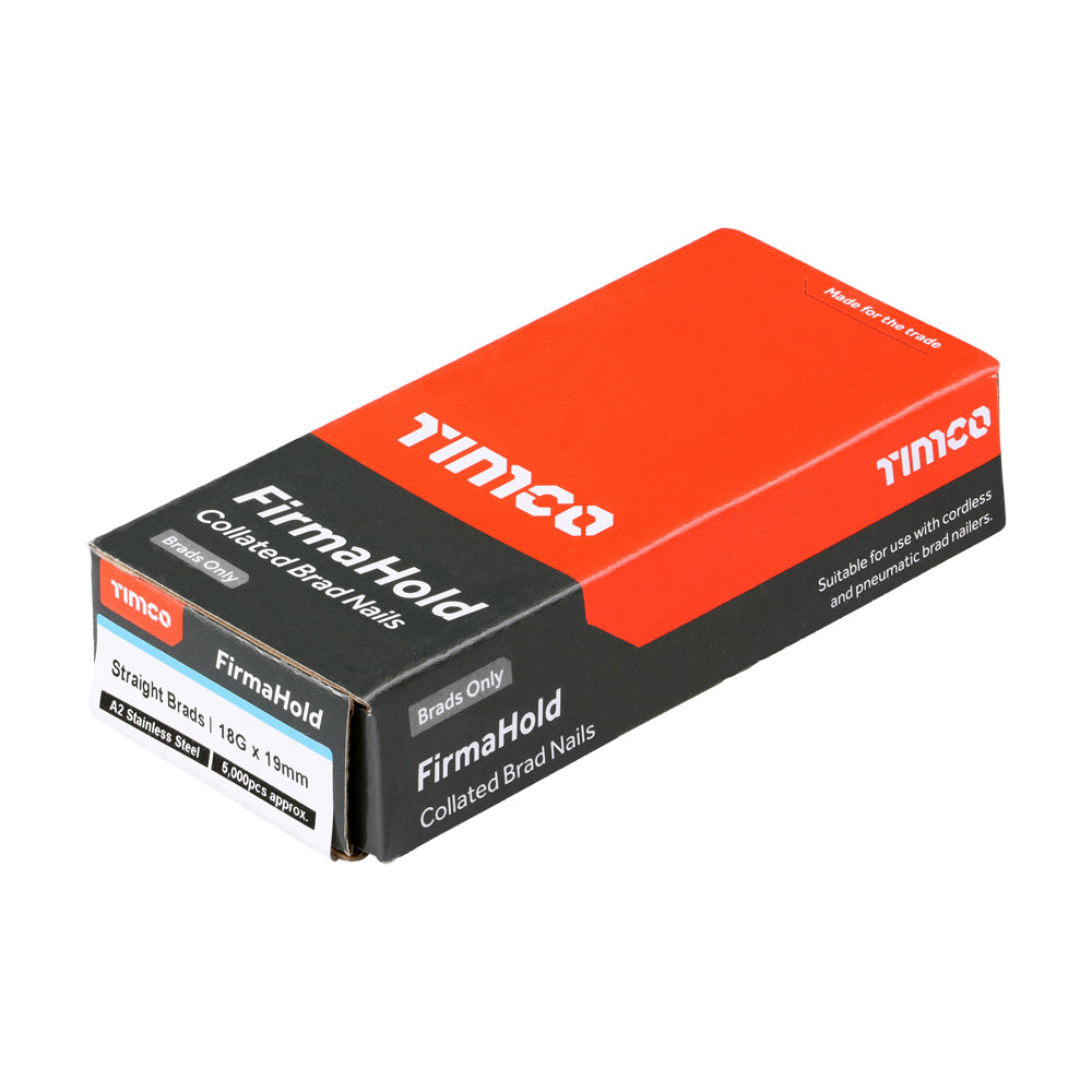 This is an image showing TIMCO FirmaHold Collated Brad Nails - 18 Gauge - Straight - Galvanised - 18g x 19 - 5000 Pieces Box available from T.H Wiggans Ironmongery in Kendal, quick delivery at discounted prices.