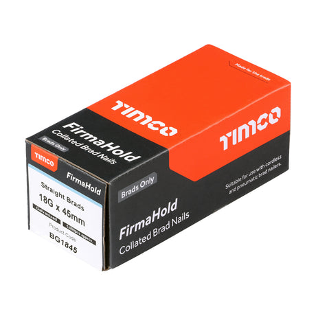 This is an image showing TIMCO FirmaHold Collated Brad Nails - 18 Gauge - Straight - Galvanised - 18g x 45 - 5000 Pieces Box available from T.H Wiggans Ironmongery in Kendal, quick delivery at discounted prices.